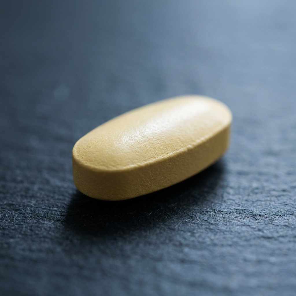 Macro detail of a single generic tadalafil tablet on dark slate