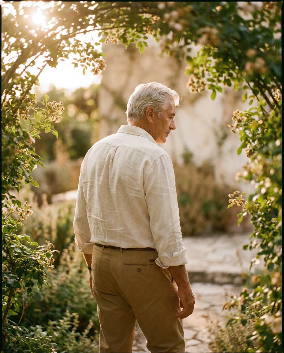 Older man in cream linen walking through a sunlit garden