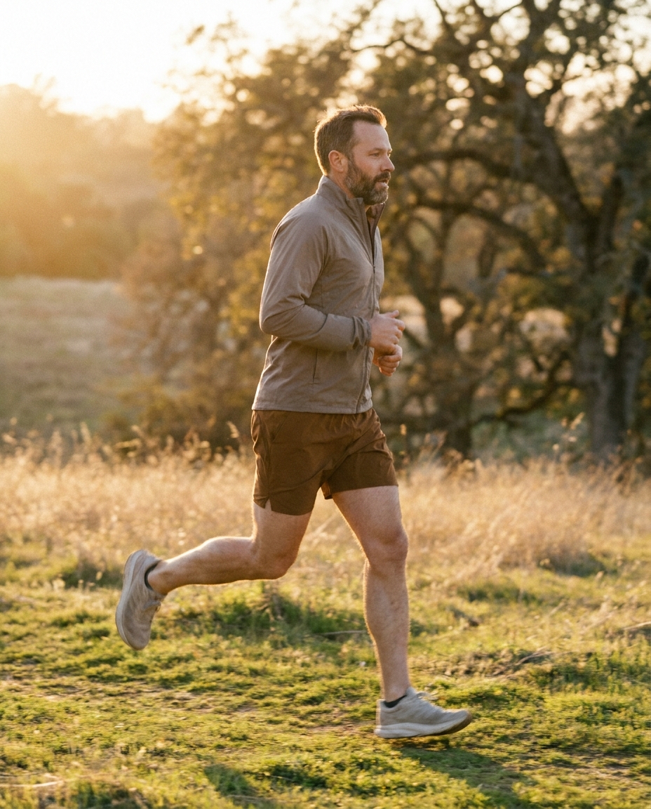 A man running through bright sunlit grass at golden hour