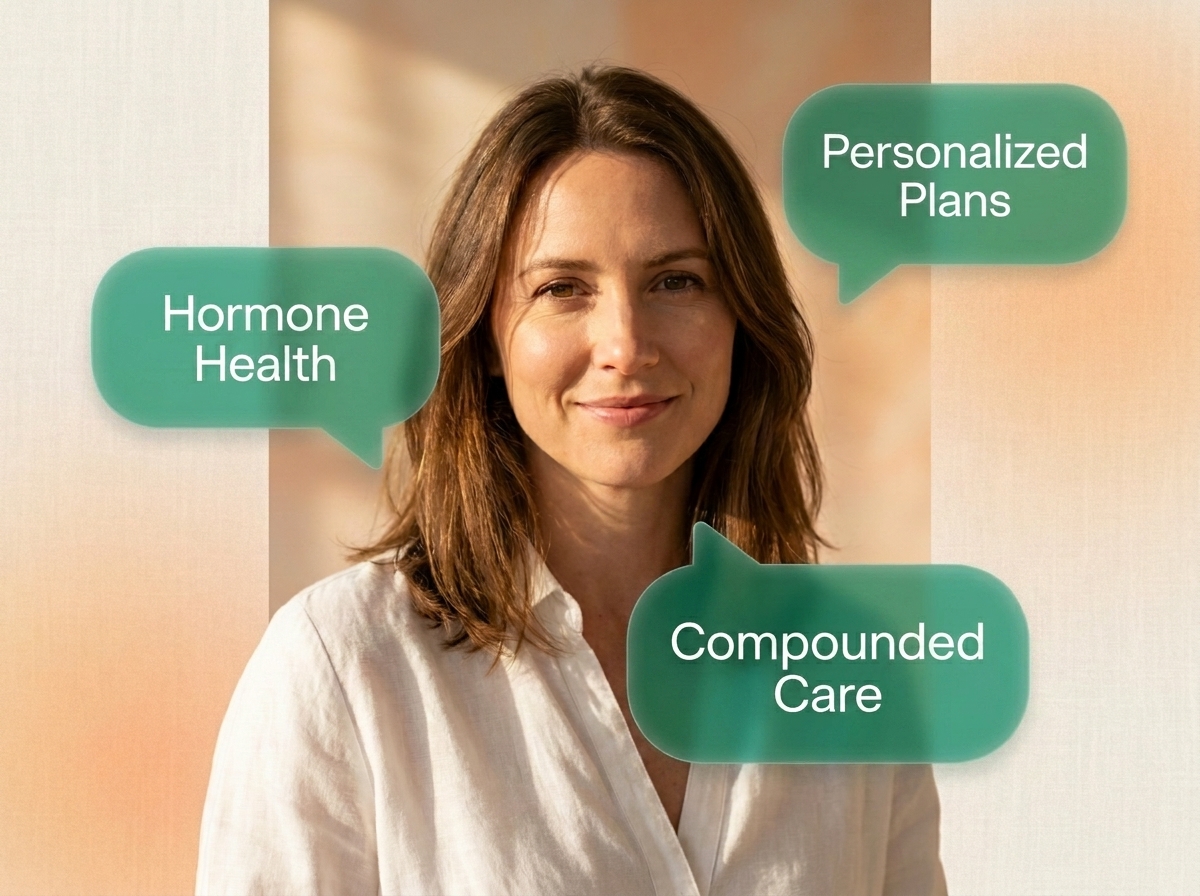 Warm portrait of a friendly clinician with three dark mint chat-bubble pills floating beside her