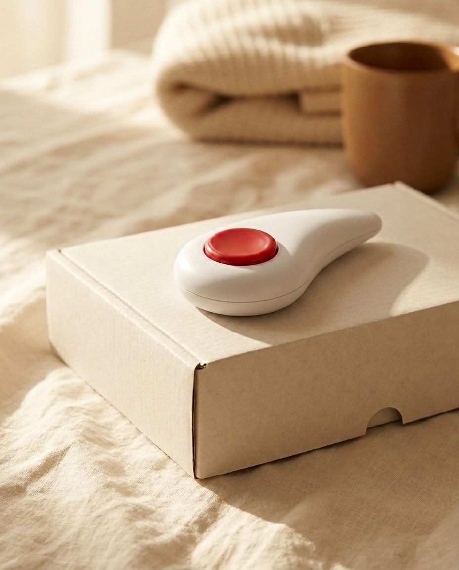 An at-home teardrop-shaped blood-collection device with a red press-button resting on a MintRx lab kit box, warm linen setting