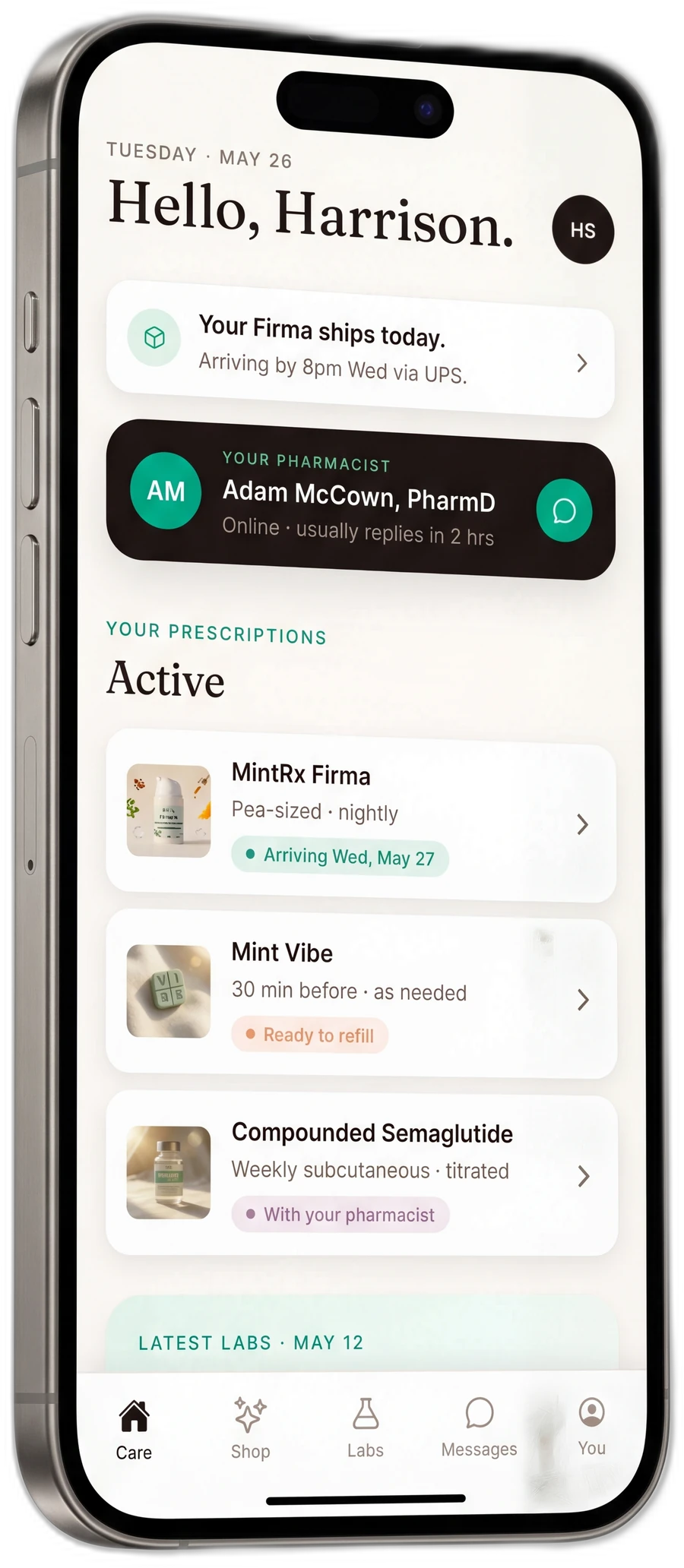 The MintRx app care dashboard on an iPhone — 'Hello, Harrison' with active prescriptions and your pharmacist