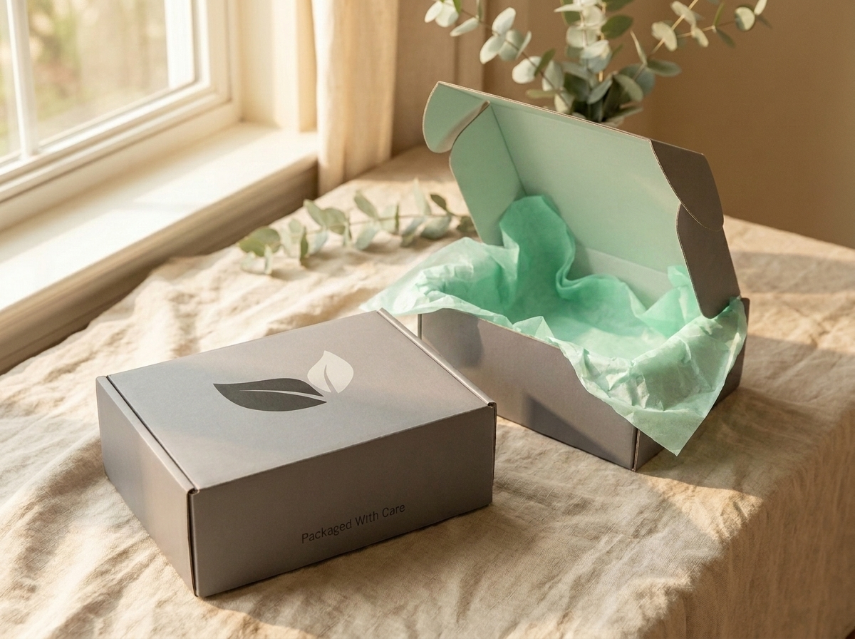 MintRx's gray mailer boxes on warm linen — one open with mint tissue paper as if freshly unboxed, one closed with the leaf logo