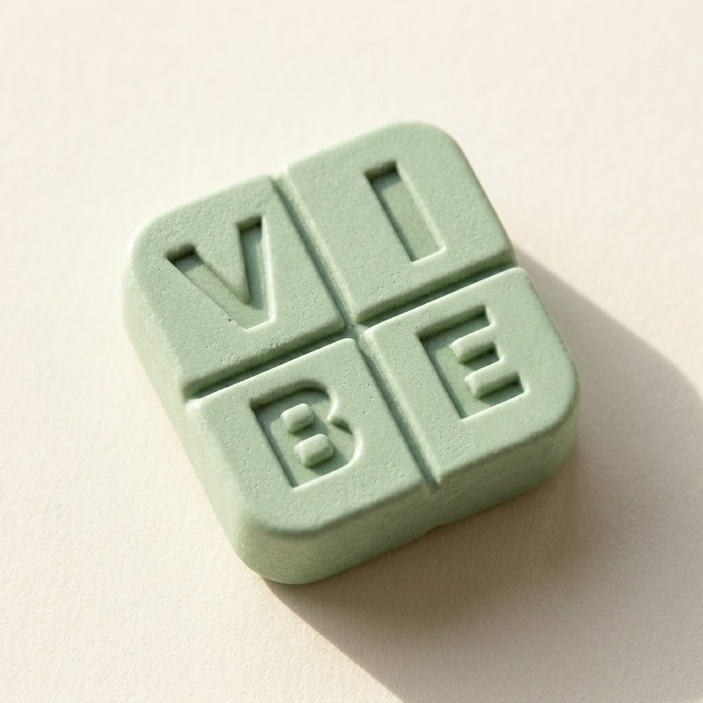 Macro detail of the embossed VIBE letters on a single Mint Vibe troche