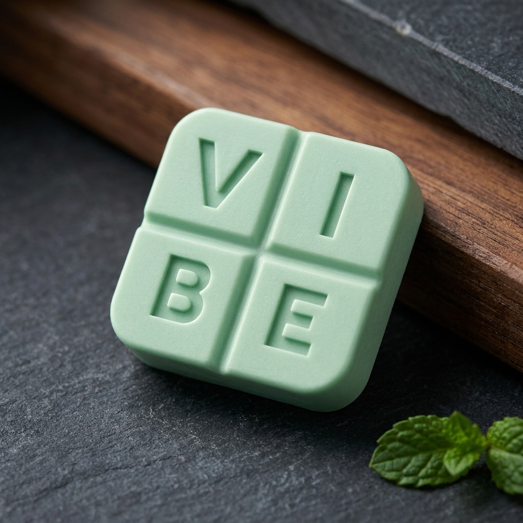 Mint Vibe troche on a cool slate surface in grounded daylight