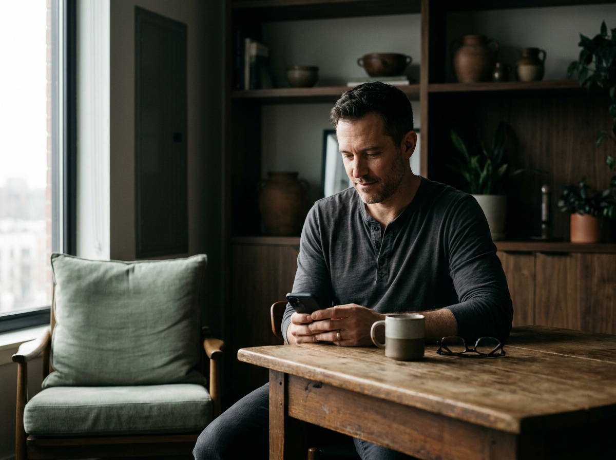 A man completing his health intake on his phone in a calm, modern space