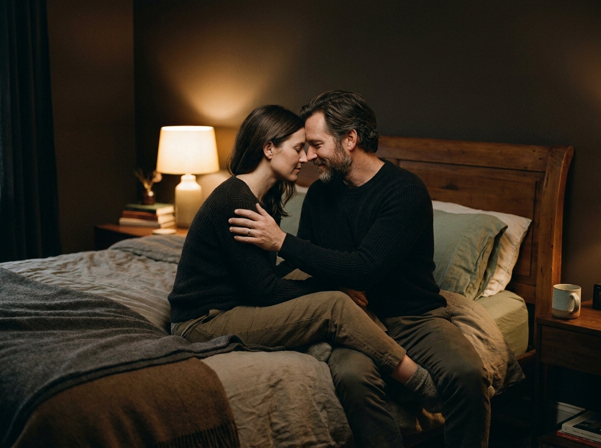 A couple sitting close together in a warm bedroom, foreheads touching